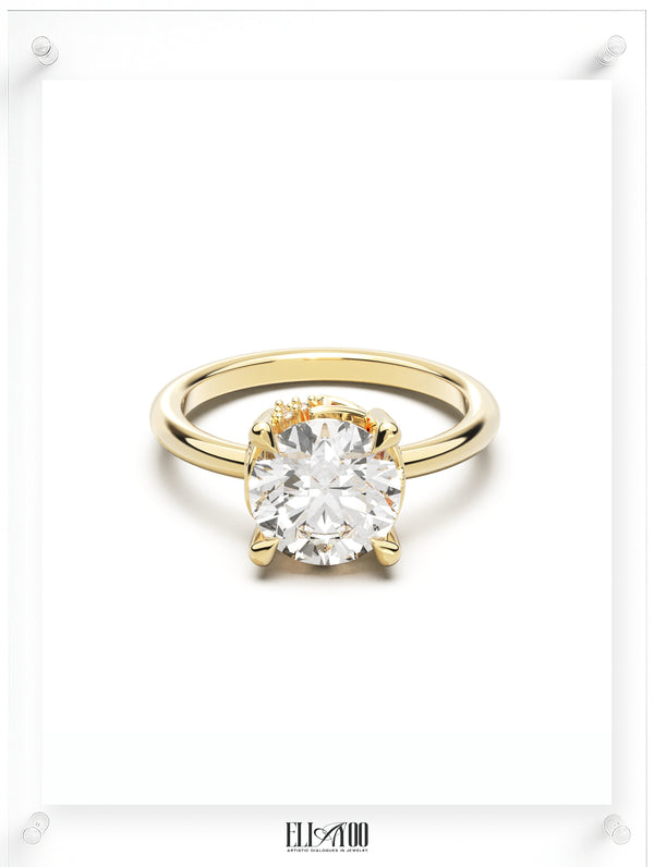 Front view of Round Cut Diamond Ring with claw setting featuring initials on the side