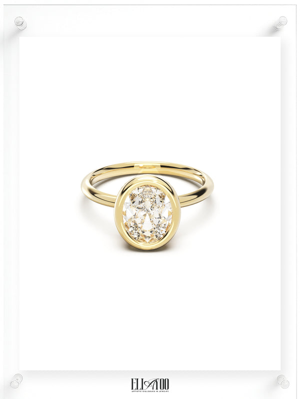 Front view of Oval Cut Diamond Ring with bezel setting featuring initials on the side