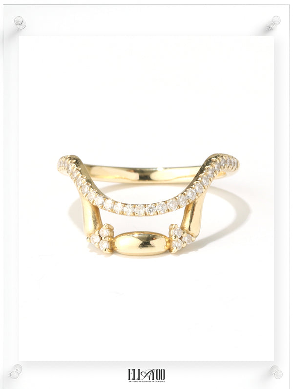 Contemporary yellow gold open ring with pavé diamond details, front view
