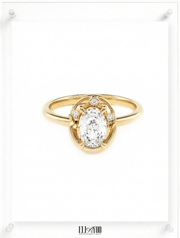 Front shot of 14k Wthie Gold Oval cut Diamond Ring with guard stone detail
