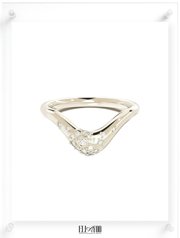 Curved diamond contour band ring in 14k gold with round pavé diamonds