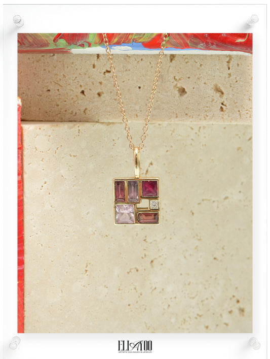 14K yellow gold geometric gemstone pendant necklace with pink tourmaline, sapphire, and diamond, suspended on a fine gold chain, contemporary fine jewelry by Ella Yoo