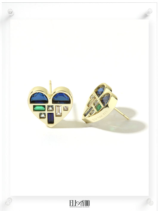 Poetic Heart Blue Sapphire Earring - 18k Plated Gold (Pair)