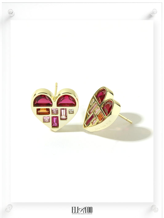 Poetic Heart Ruby Earring - 18k Plated Gold (Pair)