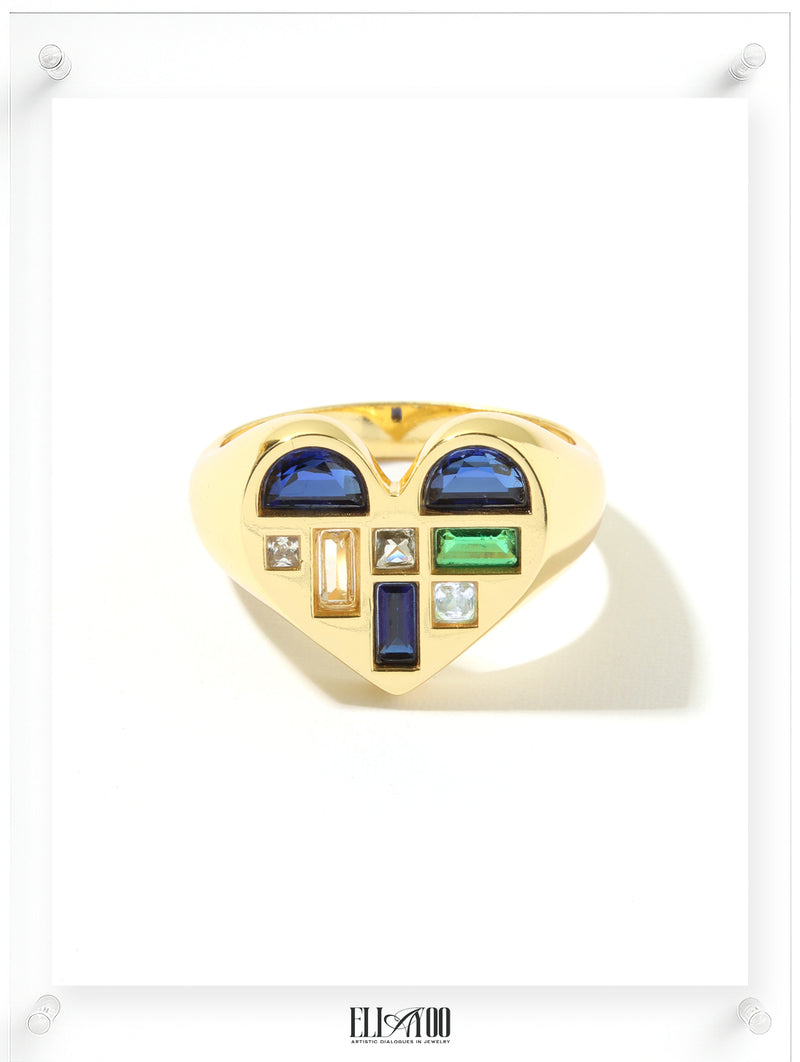14K Yellow Gold Heart Shaped Ring with Blue Sapphire and Multicolor Gemstone Accents by Ella Yoo Jewelry