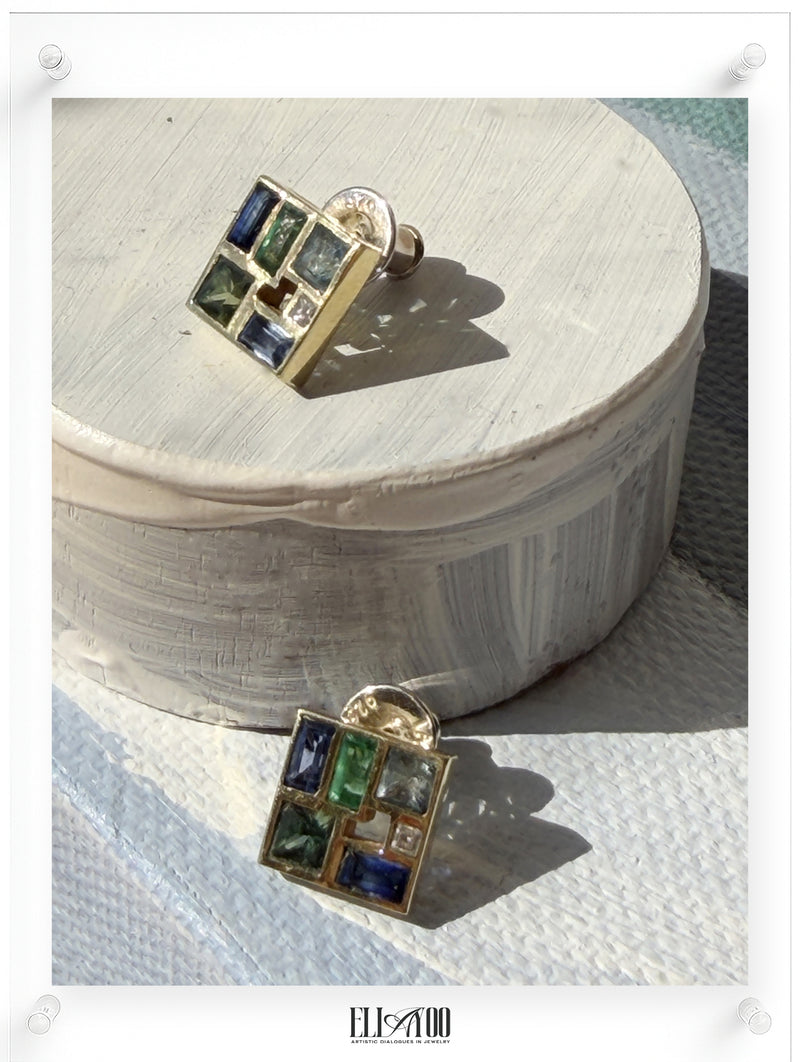 14K Yellow Gold Stud Earrings with Multicolor Square Cut Gemstone Accents on Sculptural Pedestal by Ella Yoo Jewelry