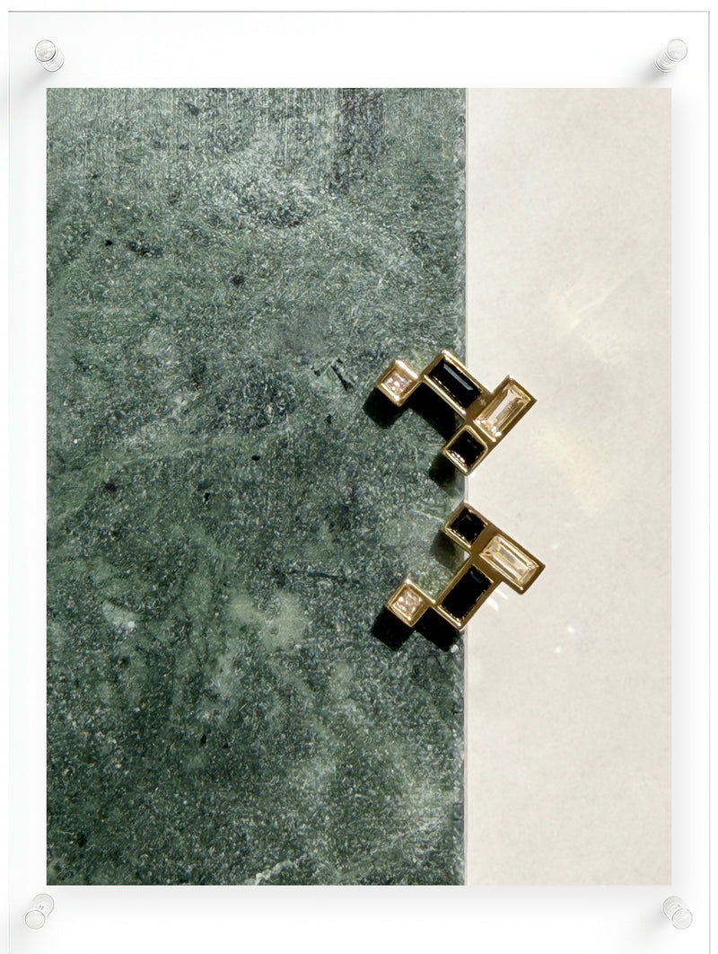 14K Yellow Gold Stud Earrings with Geometric Black Stone Accents on Stone Background by Ella Yoo Jewelry