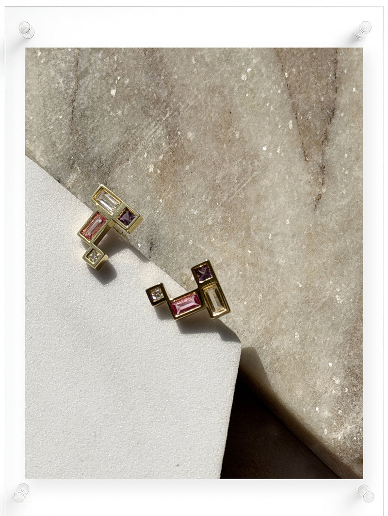 14K Yellow Gold Stud Earrings with Multicolor Geometric Gemstone Accents on Marble Surface by Ella Yoo Jewelry