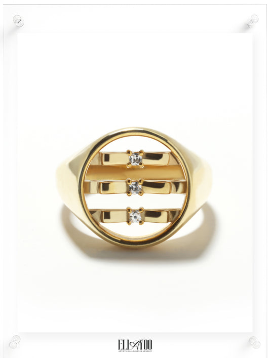 Front image of 10k gold signet ring featuring ribbon shape with White Diamond