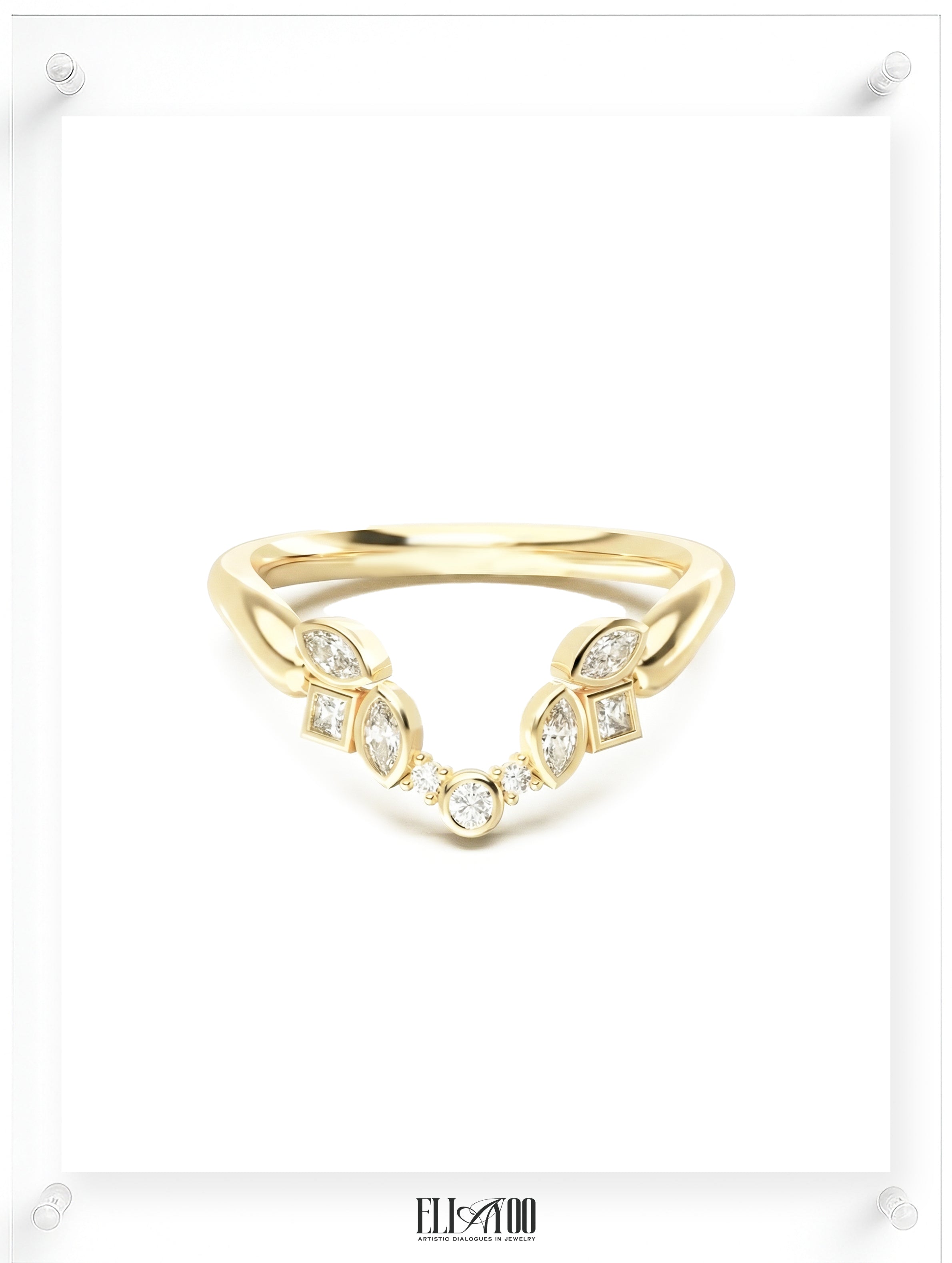 Yellow gold V-shaped ring featuring delicately set marquise-cut and round-cut diamonds, showcasing a minimalist fine jewelry design by Ella Yoo Jewelry