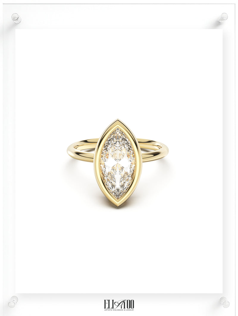 Front view of Marquise Cut Diamond Ring with bezel setting featuring initials on the side