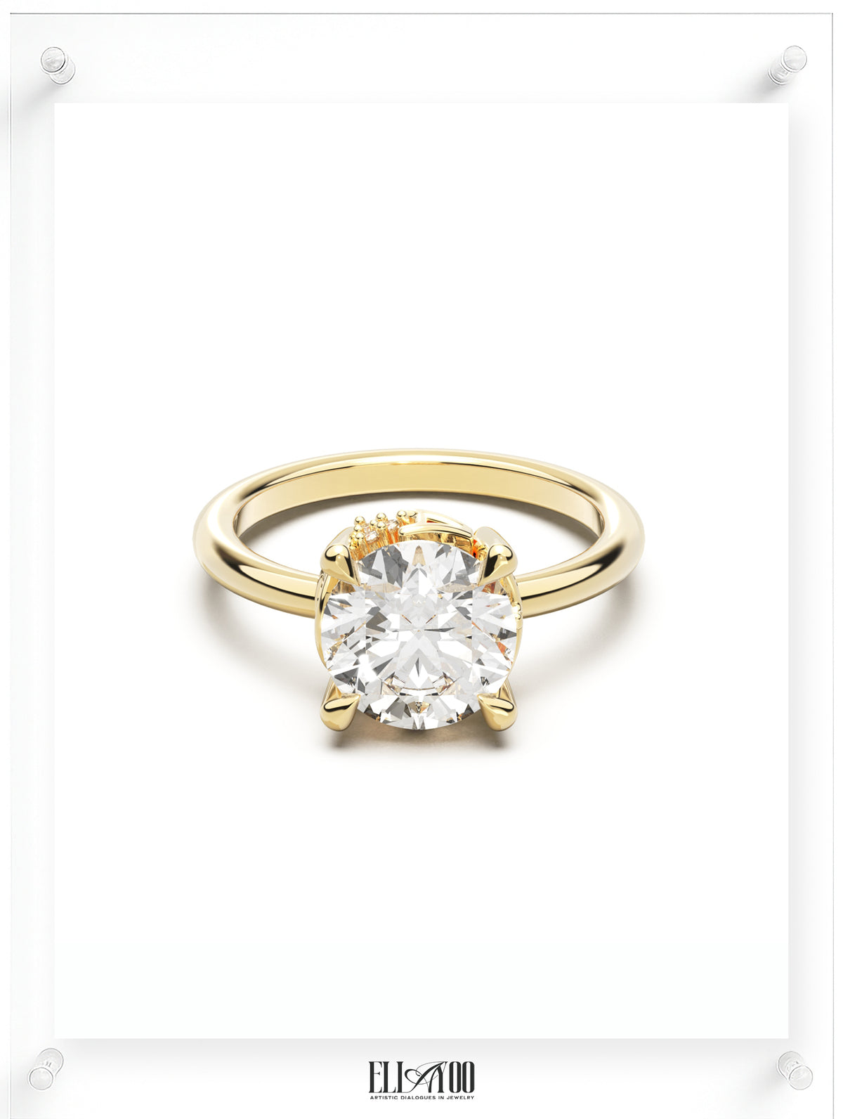 Front view of Round Cut Diamond Ring with claw setting featuring initials on the side