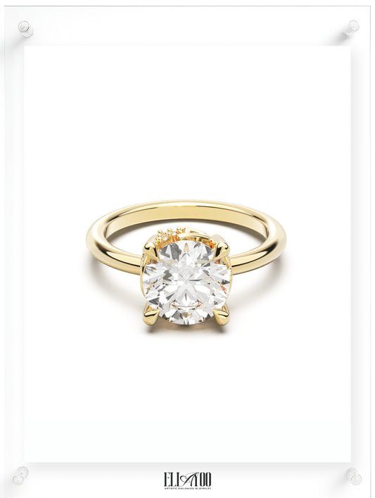 Front view of Round Cut Diamond Ring with claw setting featuring initials on the side