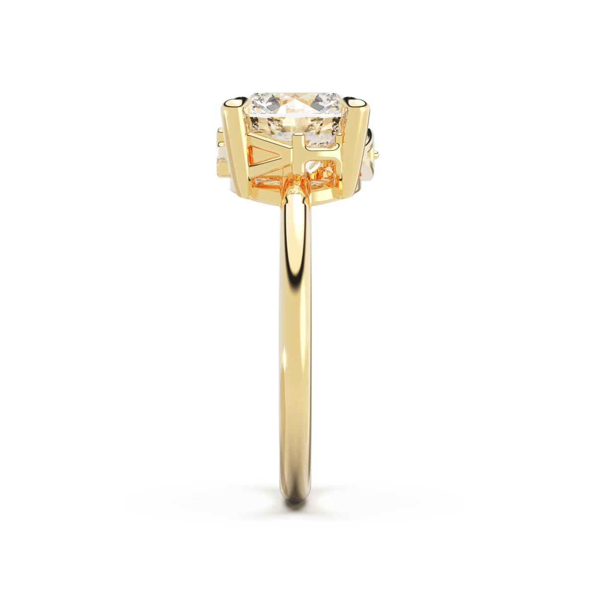 Upright view of Round Cut Diamond Ring with claw setting featuring initials on the side