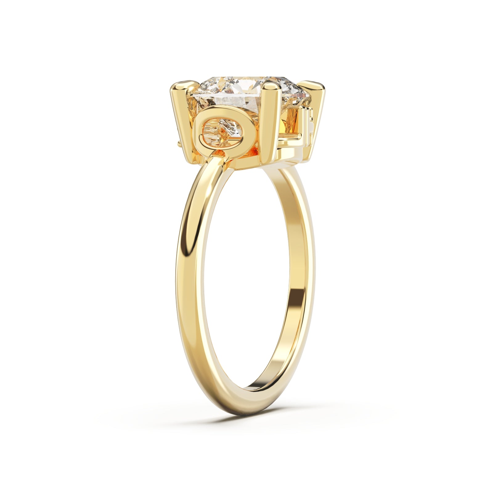 Upright side view of Round Cut Diamond Ring with claw setting featuring initials on the side