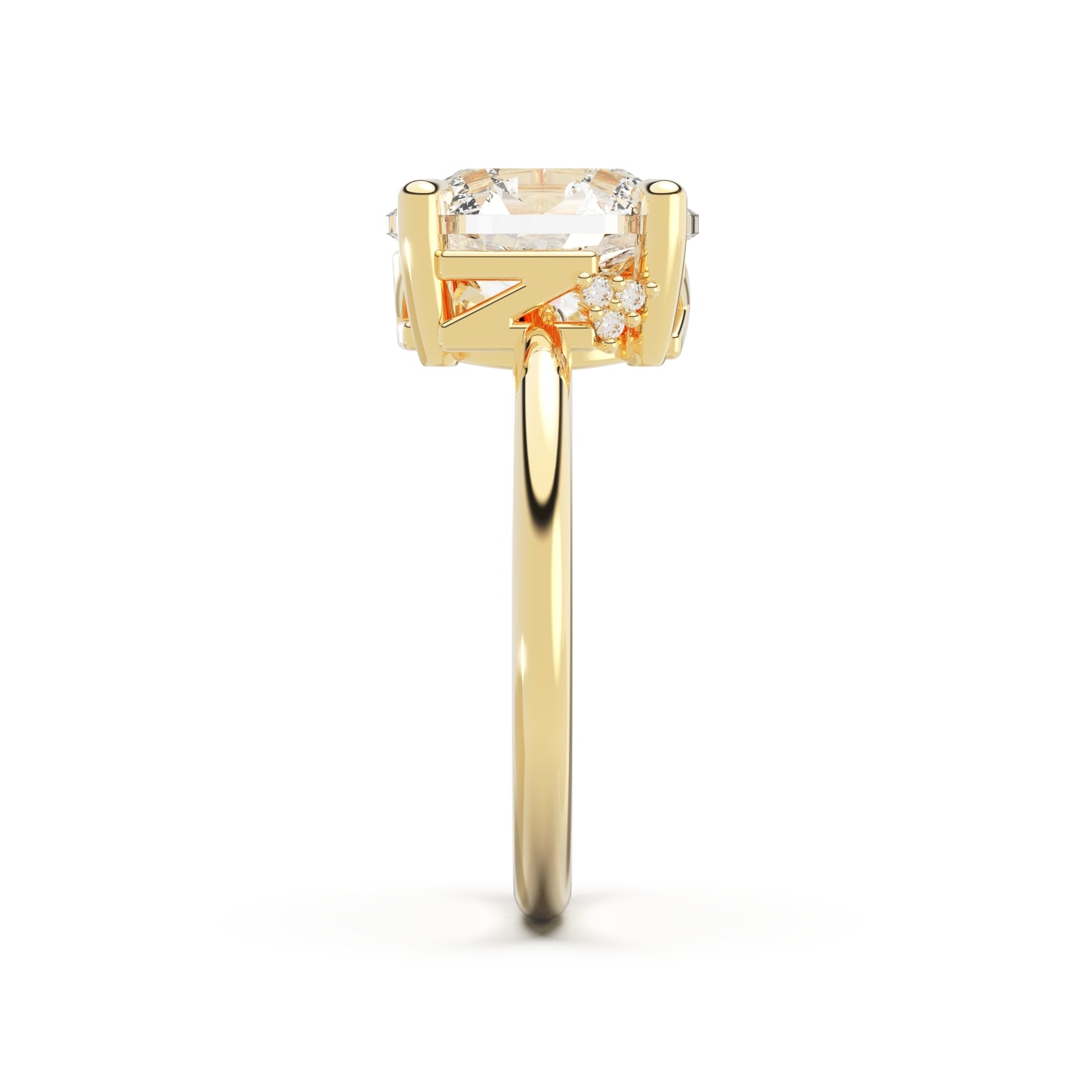 Upright view of Round Cut Diamond Ring with claw setting featuring initials on the side