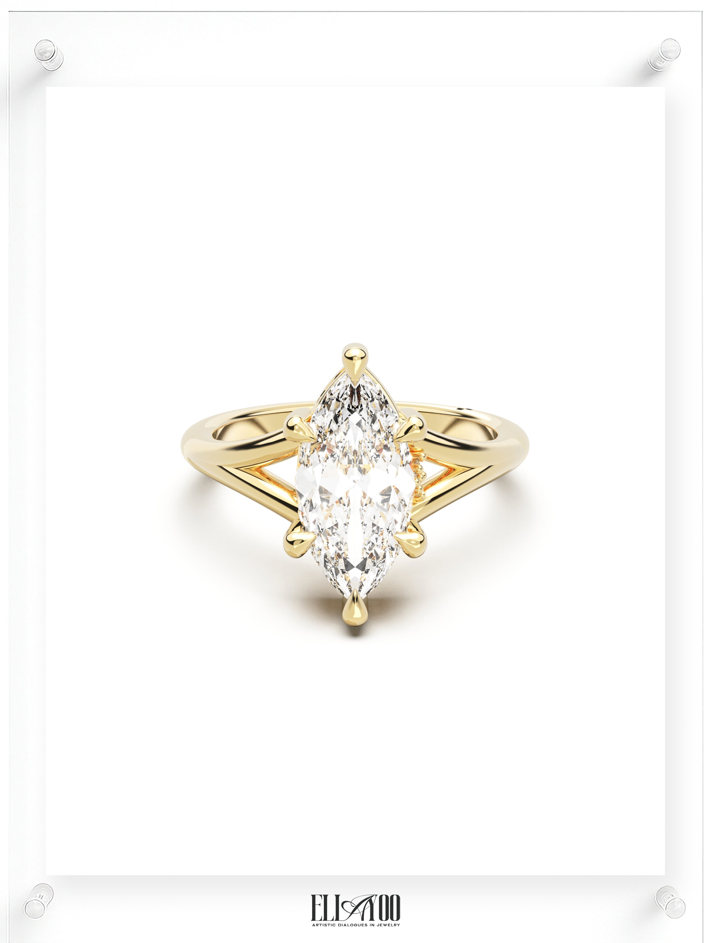 Front view of Marquise Cut Diamond Ring with claw setting featuring initials on the side