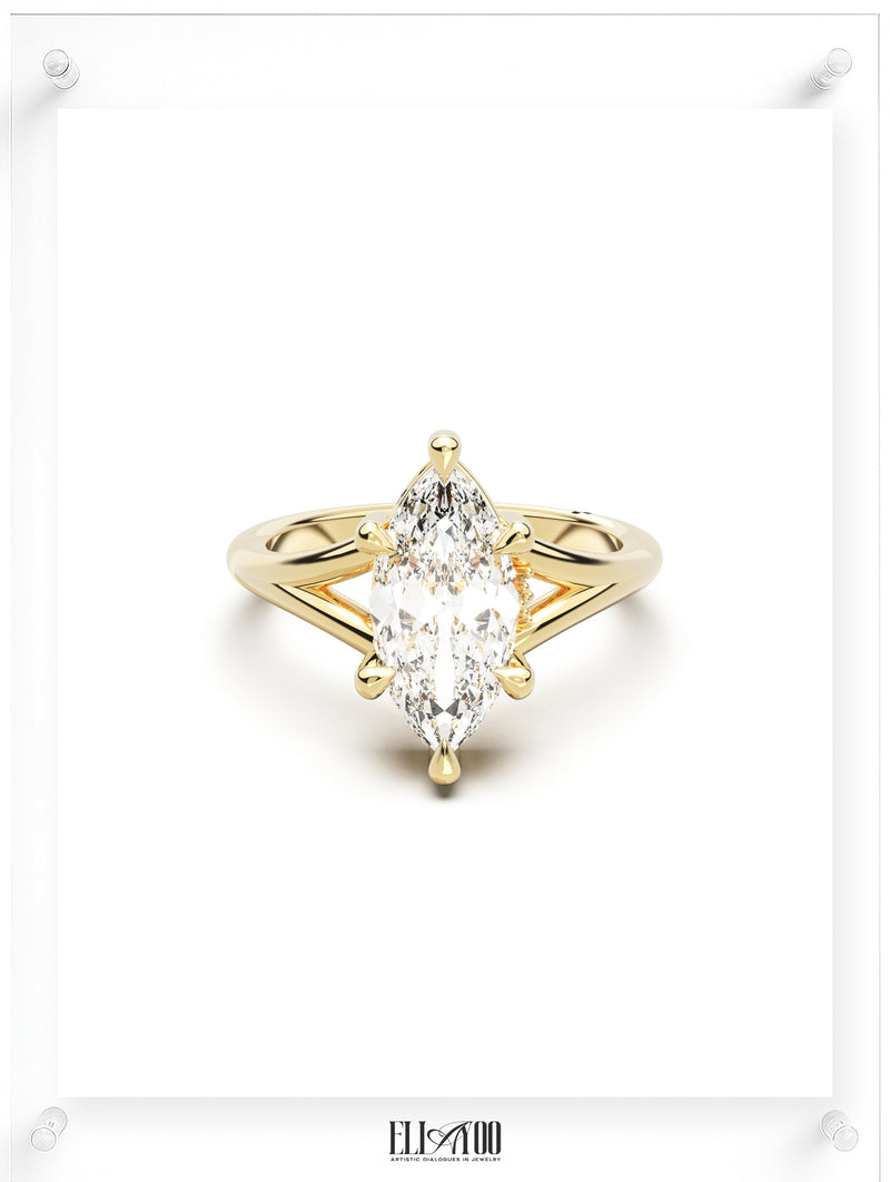 Front view of Marquise Cut Diamond Ring with claw setting featuring initials on the side