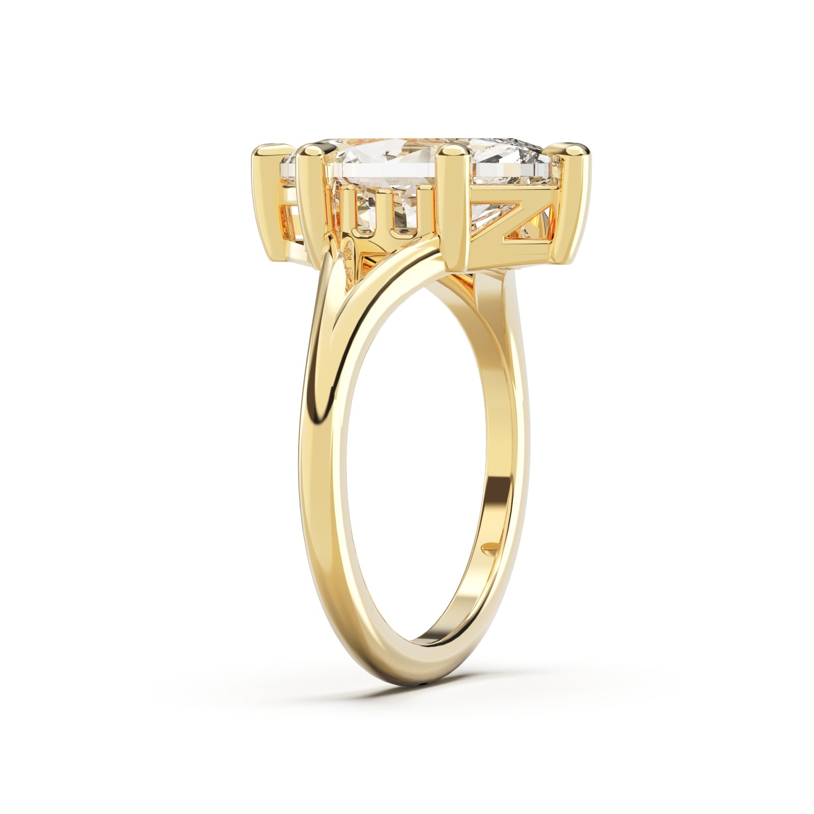 Upright side view of Marquise Cut Diamond Ring with claw setting featuring initials on the side