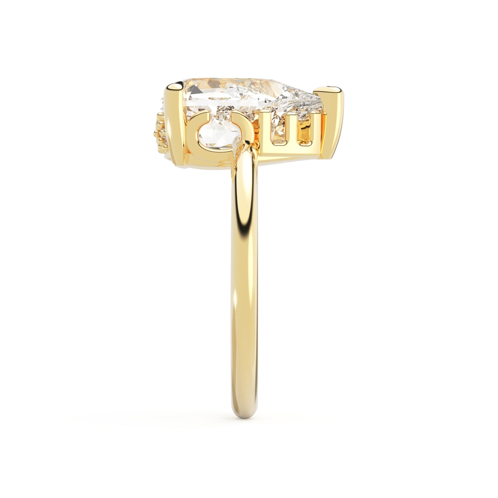 Upright view of Pear Cut Diamond Ring with claw setting featuring initials on the side