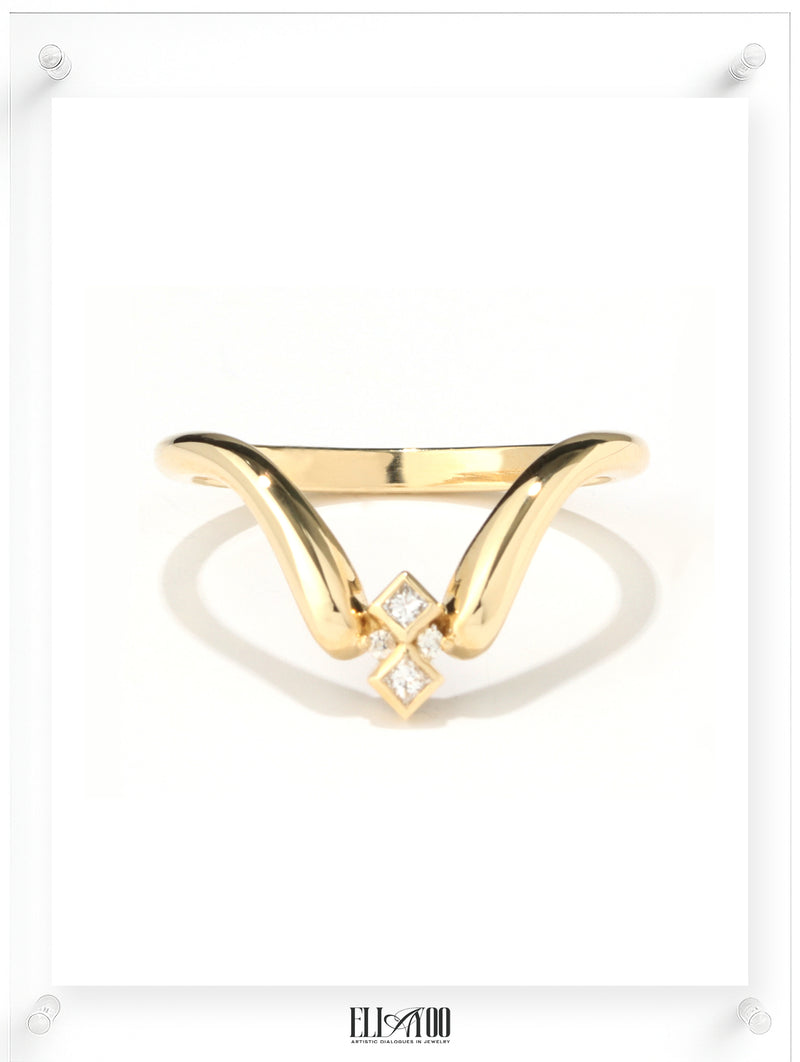 Contemporary yellow gold open ring with geometric diamond accents, front view