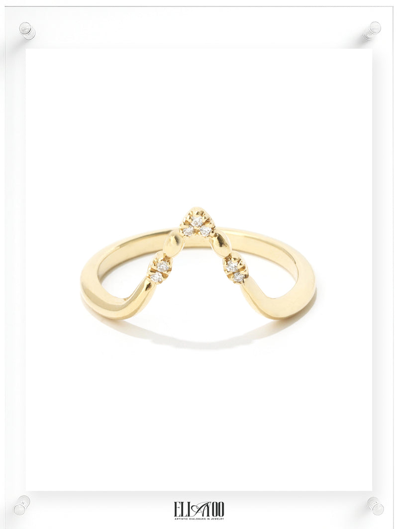 Contemporary yellow gold open ring with diamond accents, front view