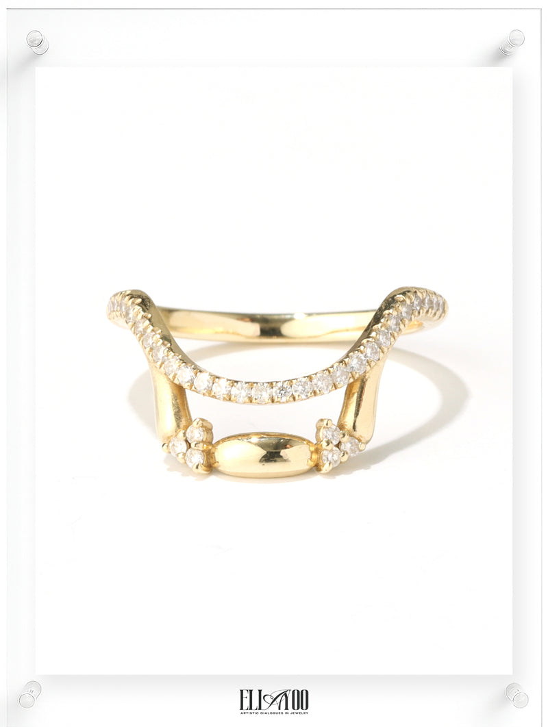 Contemporary yellow gold open ring with pavé diamond details, front view