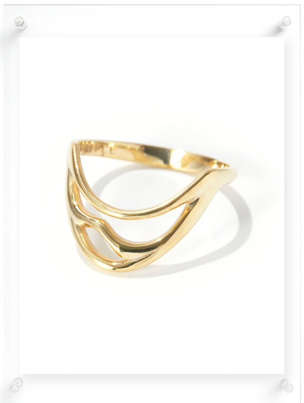 Side view of Sculptural gold ring with flowing wave-inspired lines, contemporary fine jewelry in polished yellow gold