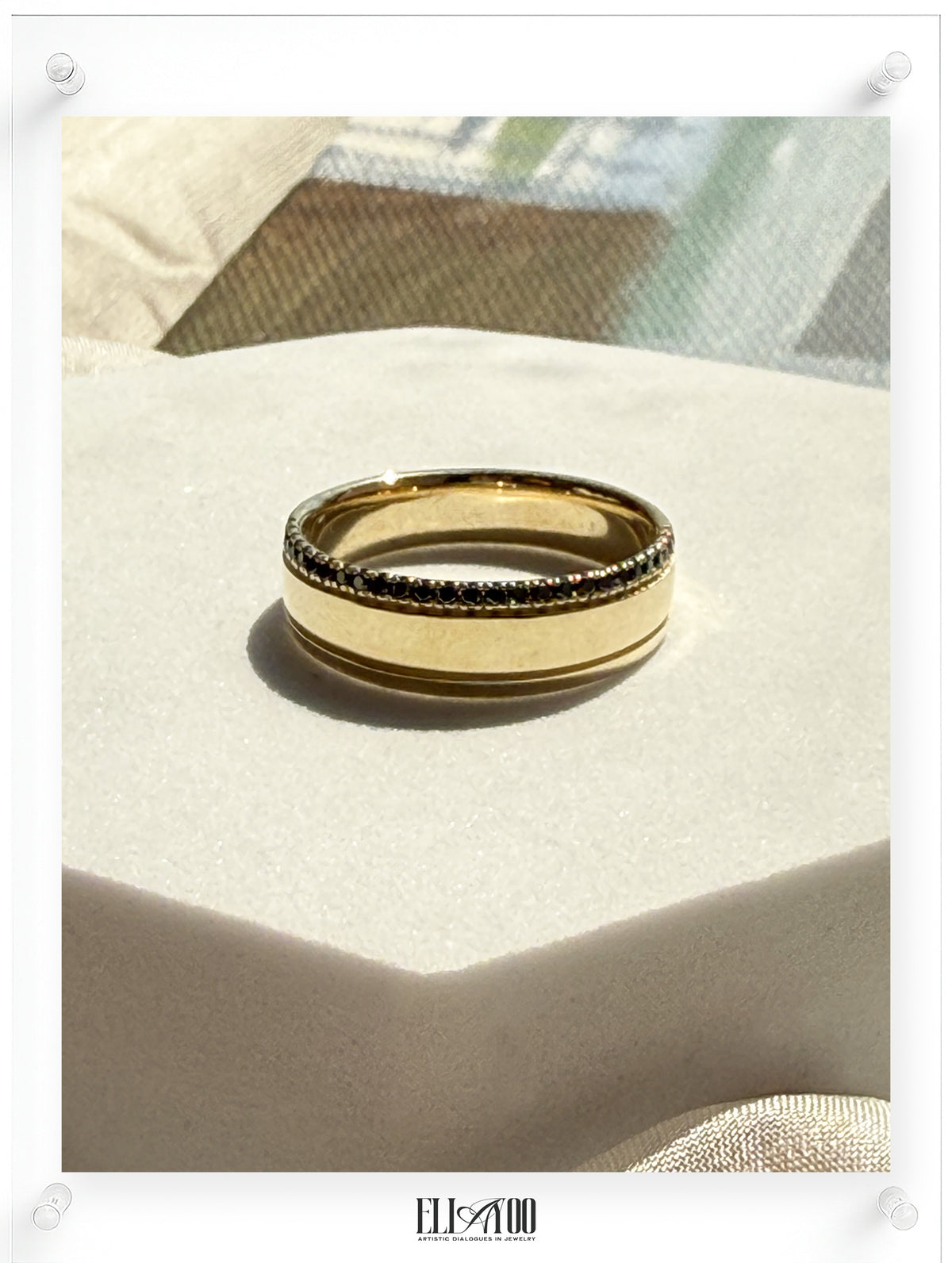 14K yellow gold band ring with black diamond pavé detail, minimalist design, Ella Yoo Jewelry