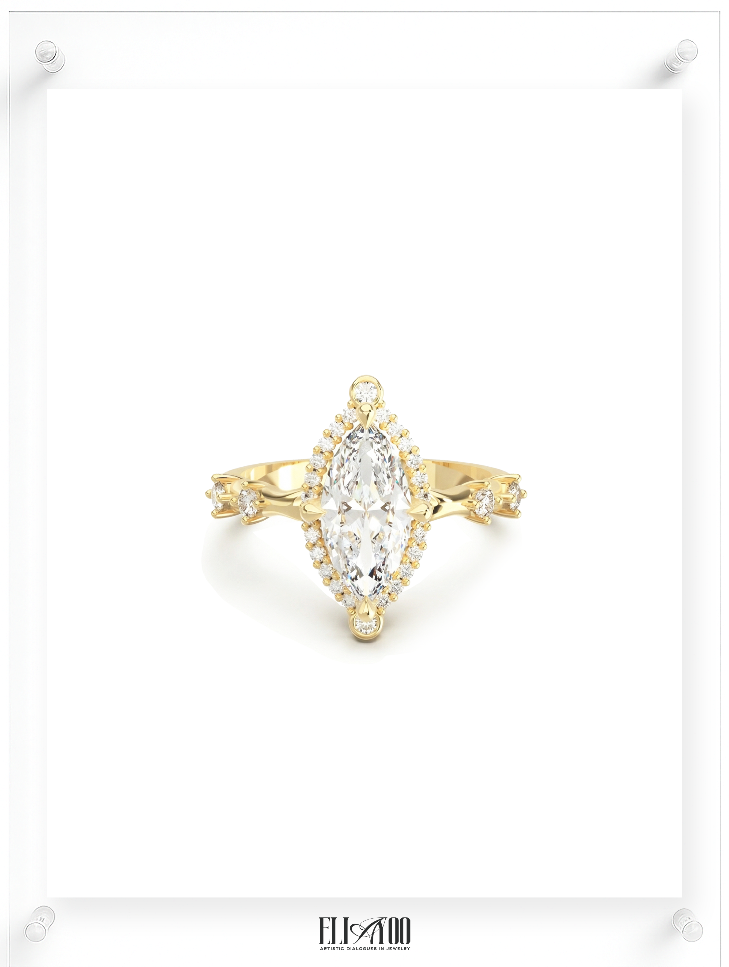 Front view of a yellow gold ring featuring a marquise-cut center diamond surrounded by a delicate halo of round diamonds, with subtle side stone accents, showcasing an elegant fine jewelry design by Ella Yoo Jewelry
