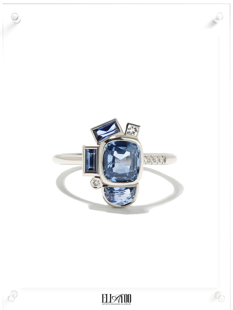 Front shot of Contemporary bauhaus design blue sapphire ring in platinum
