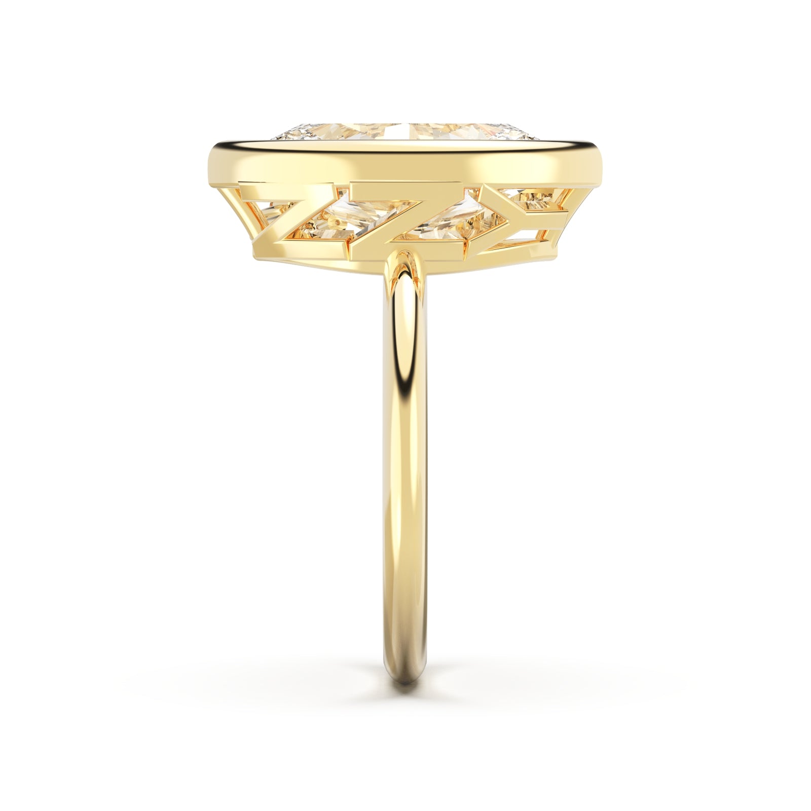 Upright view of Marquise Cut Diamond Ring with bezel setting featuring initials on the side