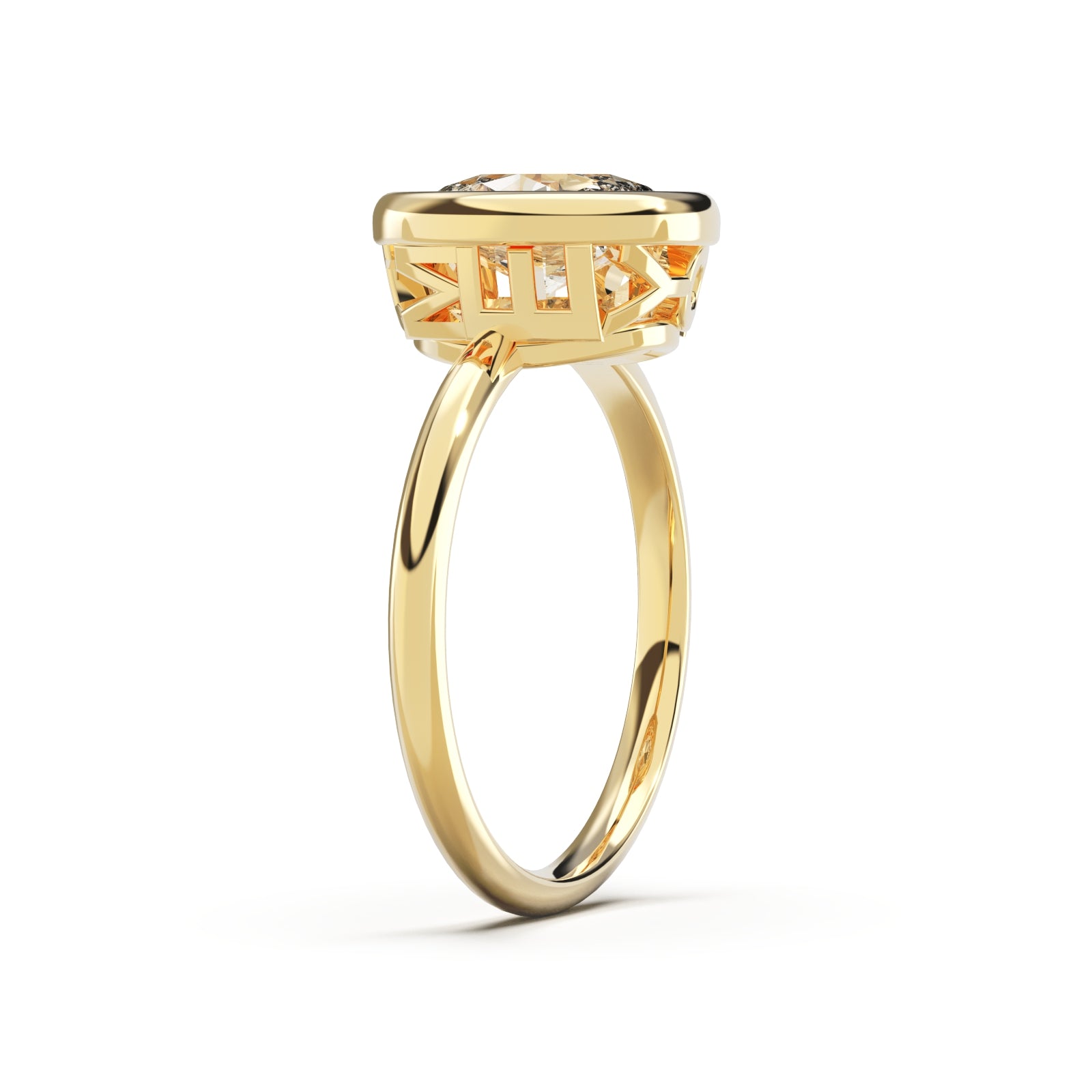 Upright side view of Oval Cut Diamond Ring with bezel setting featuring initials on the side