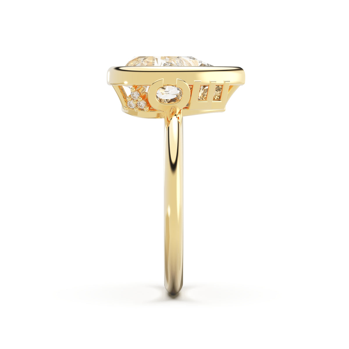 Upright view of Pear Cut Diamond Ring with bezel setting featuring initials on the side