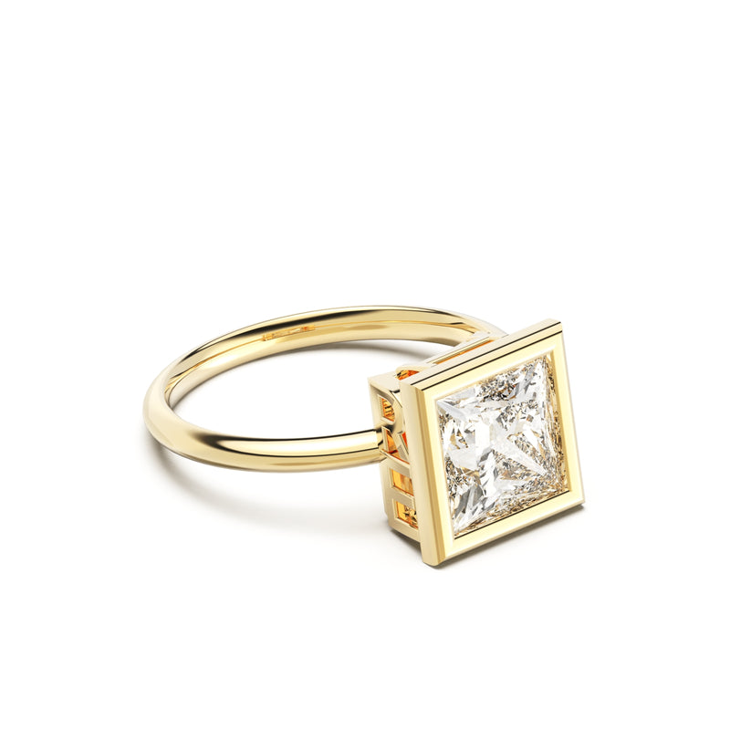 Side view of Princess Cut Diamond Ring with bezel setting featuring initials on the side