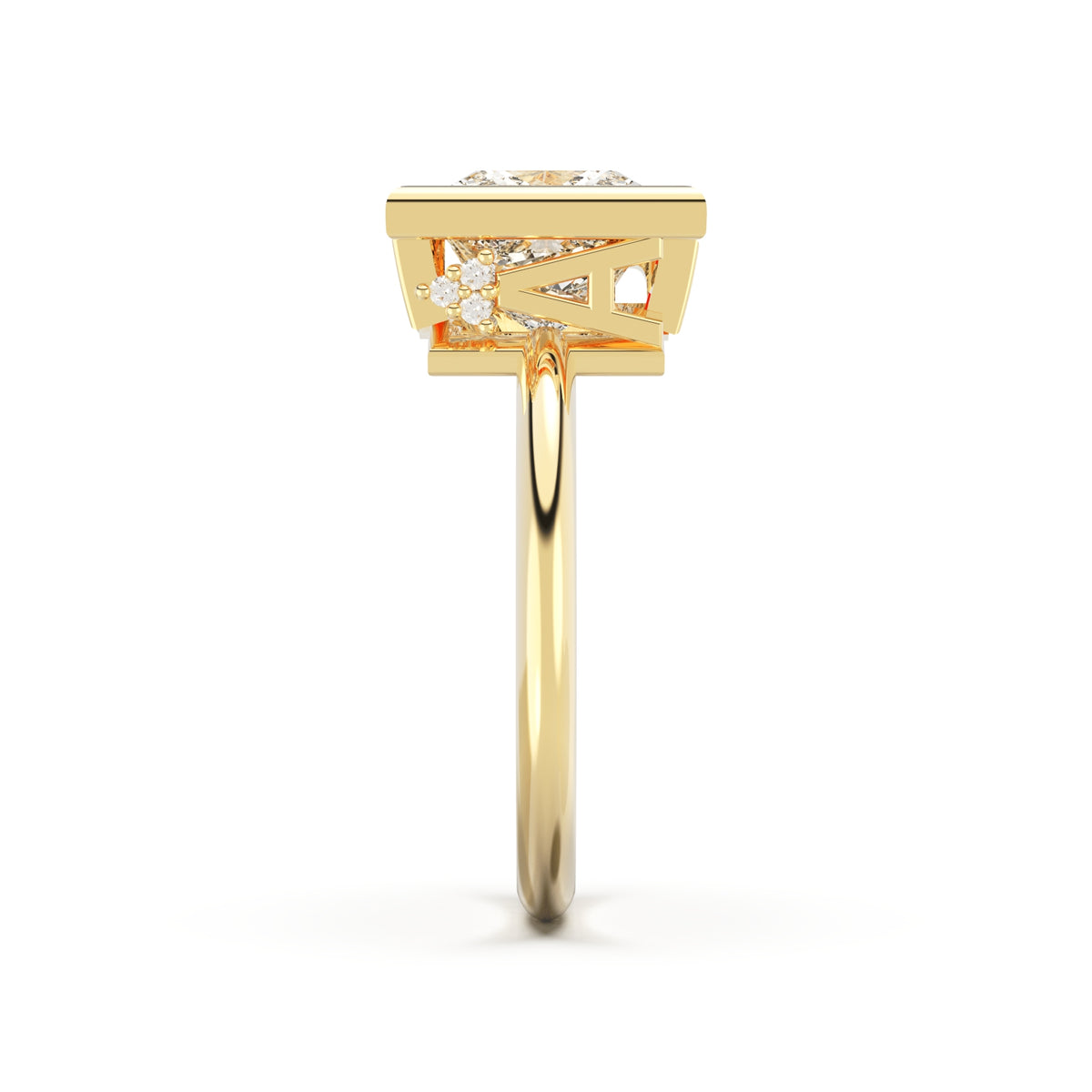 upright view of Princess Cut Diamond Ring with bezel setting featuring initials on the side