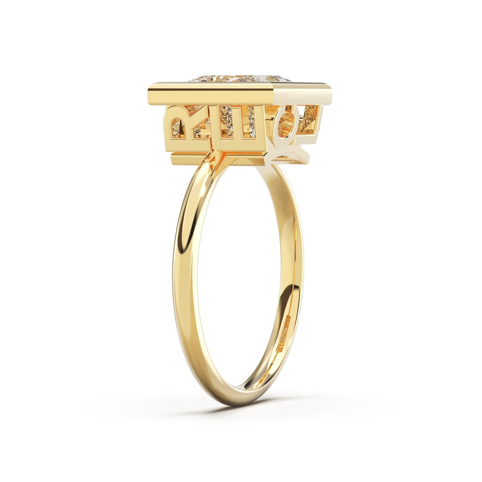 upright side view of Princess Cut Diamond Ring with bezel setting featuring initials on the side