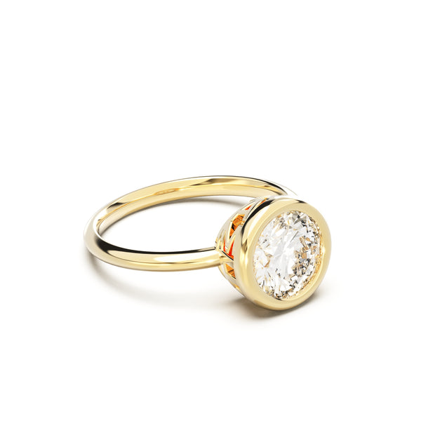 side view of Round Diamond Ring with bezel setting featuring initials on the side
