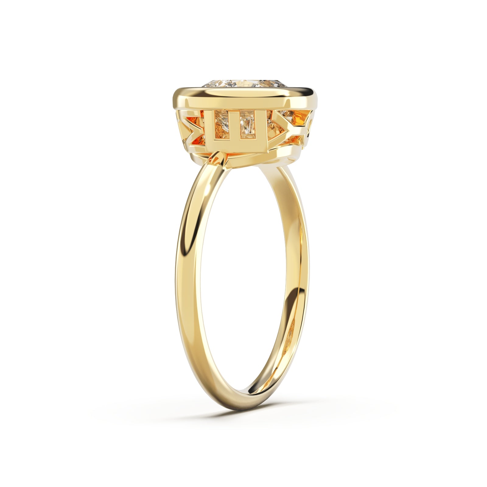 upright side view of Round Diamond Ring with bezel setting featuring initials on the side