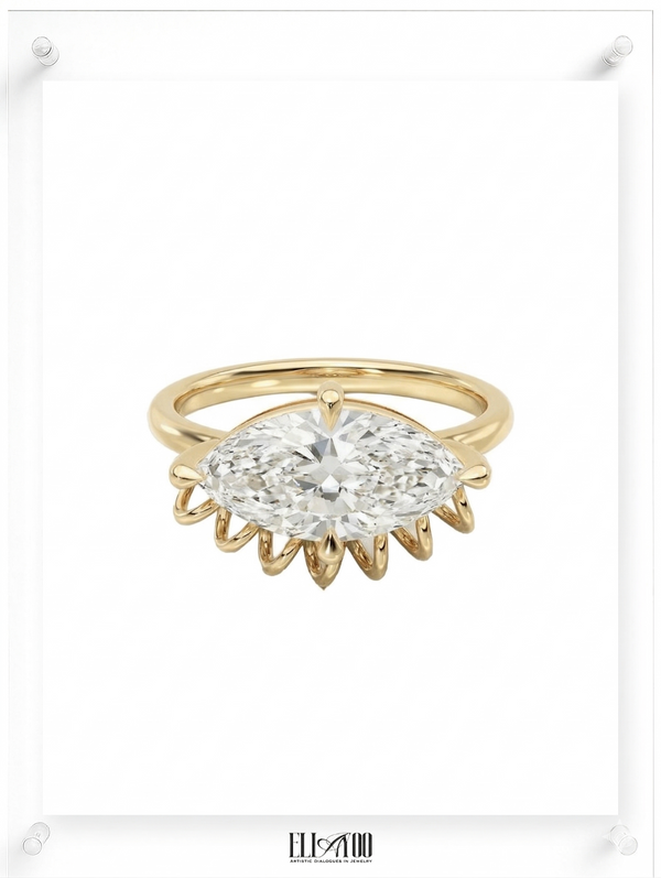 ella yoo artistic yellow gold marquise-cut diamond ring with a unique sculptural coiled wire setting, modern fine jewelry design.