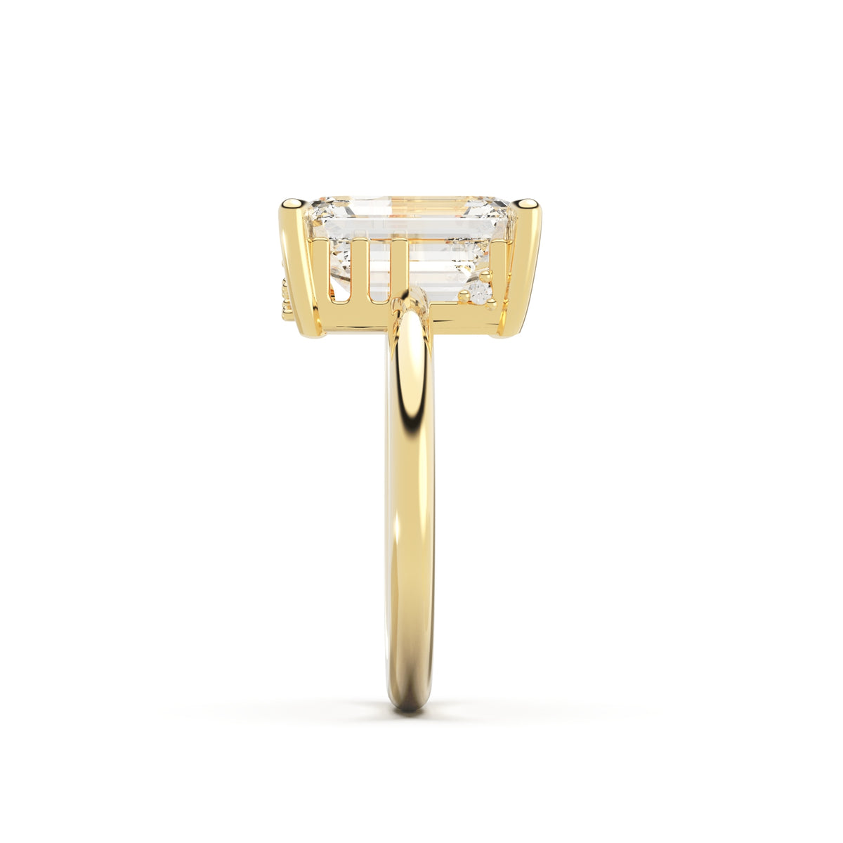 Upright view of Radiant Cut Diamond Ring with claw setting featuring initials on the side
