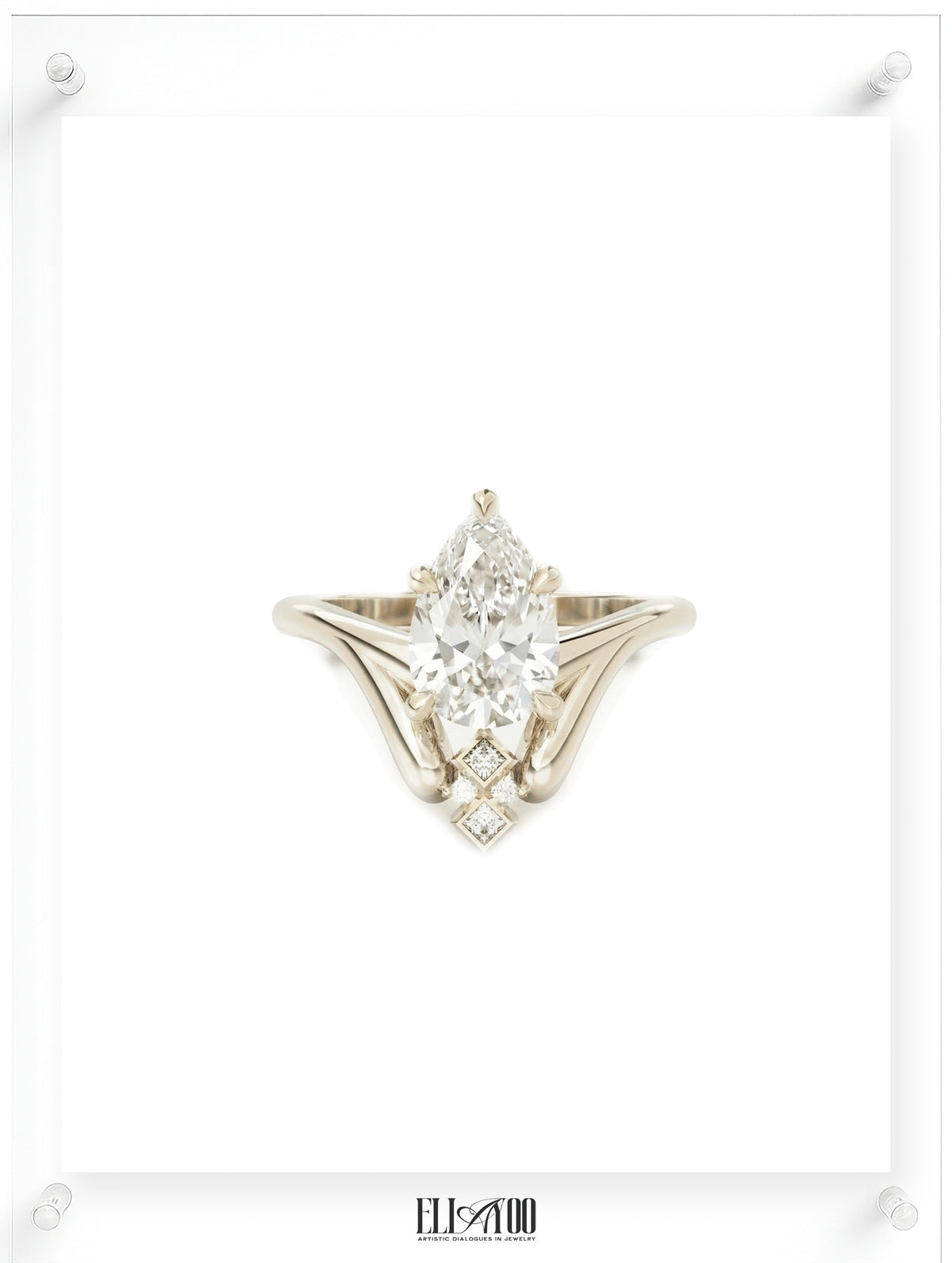 Front Front shot of 14k White Gold Pear cut Diamond Ring with guard stone detail