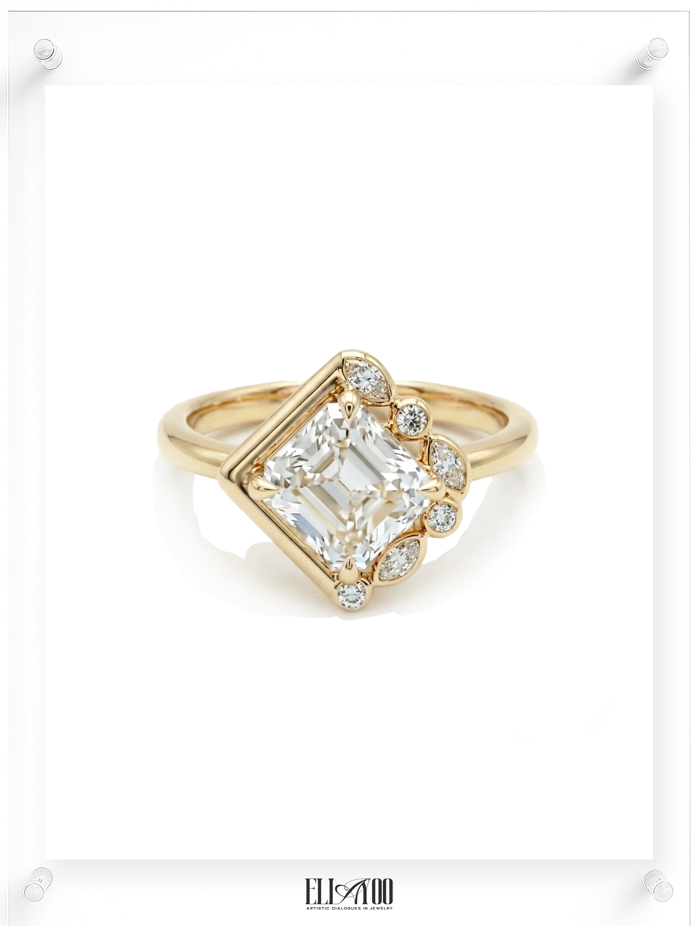 Contemporary yellow gold ring with emerald-cut diamond and pavé diamond accents, front view