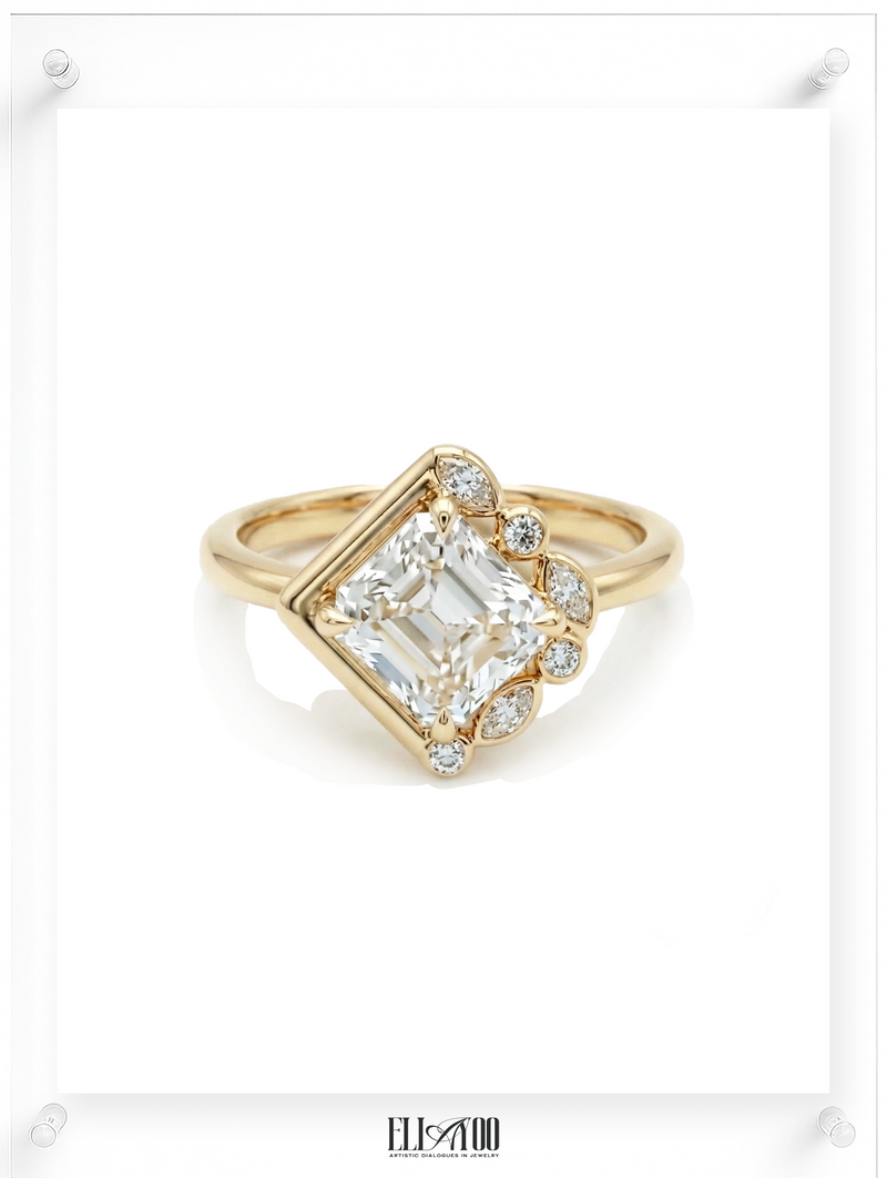 Contemporary yellow gold ring with emerald-cut diamond and pavé diamond accents, front view