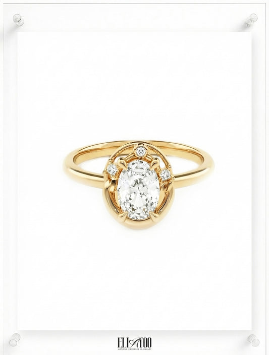 Front shot of 14k Wthie Gold Oval cut Diamond Ring with guard stone detail