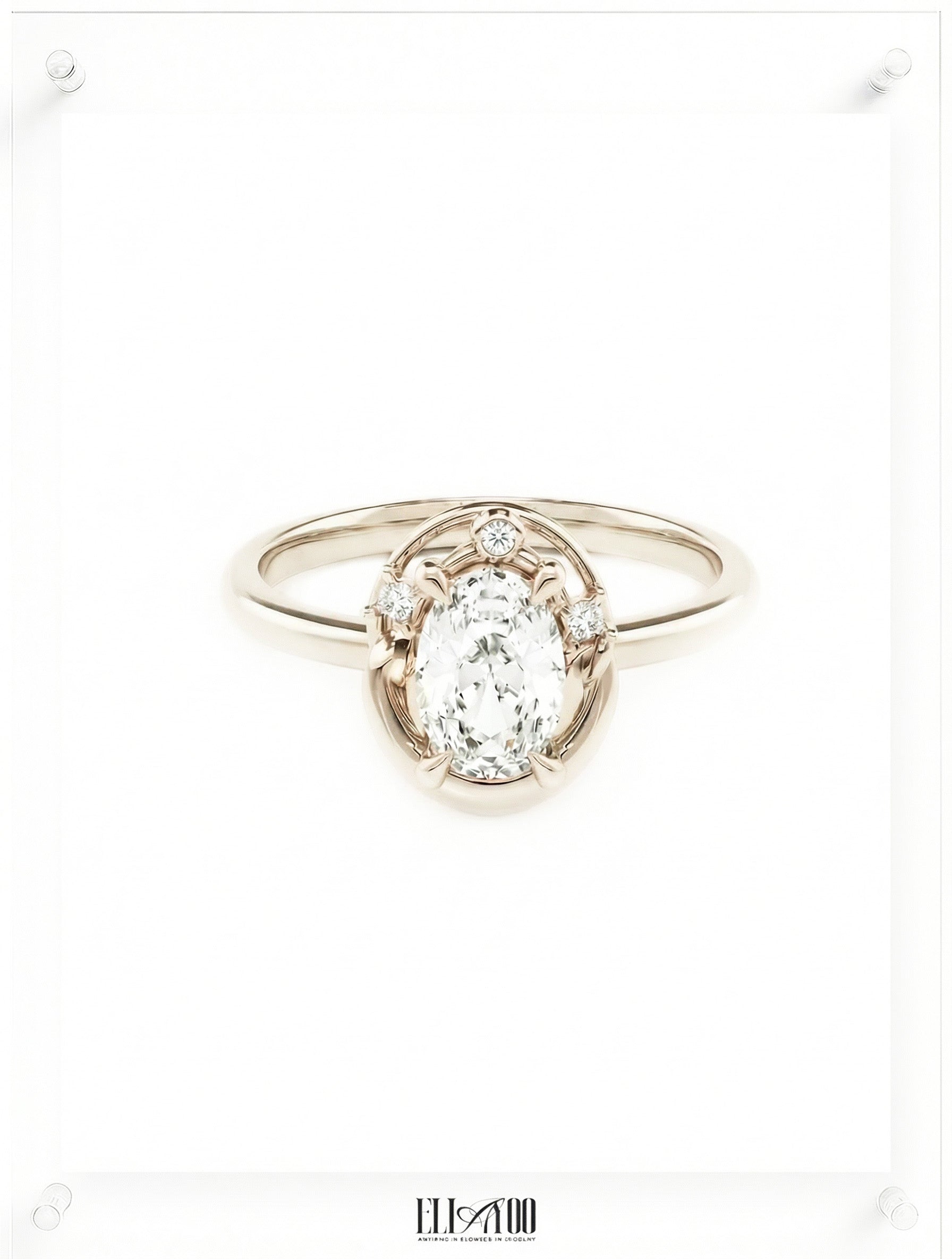 Front shot of 14k WhiteGold Oval cut Diamond Ring with guard stone detail