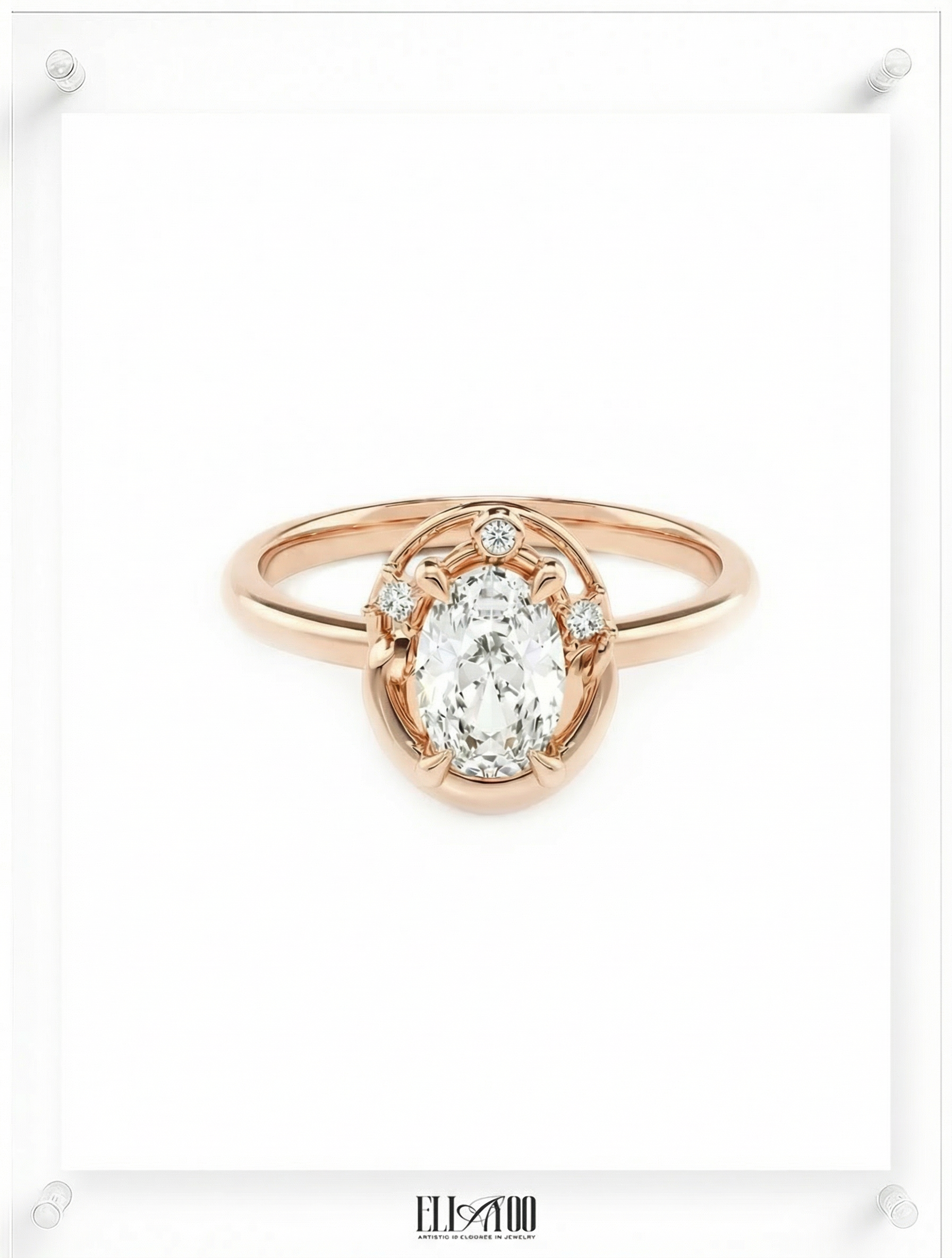 Front shot of 14k Rose Gold Oval cut Diamond Ring with guard stone detail 