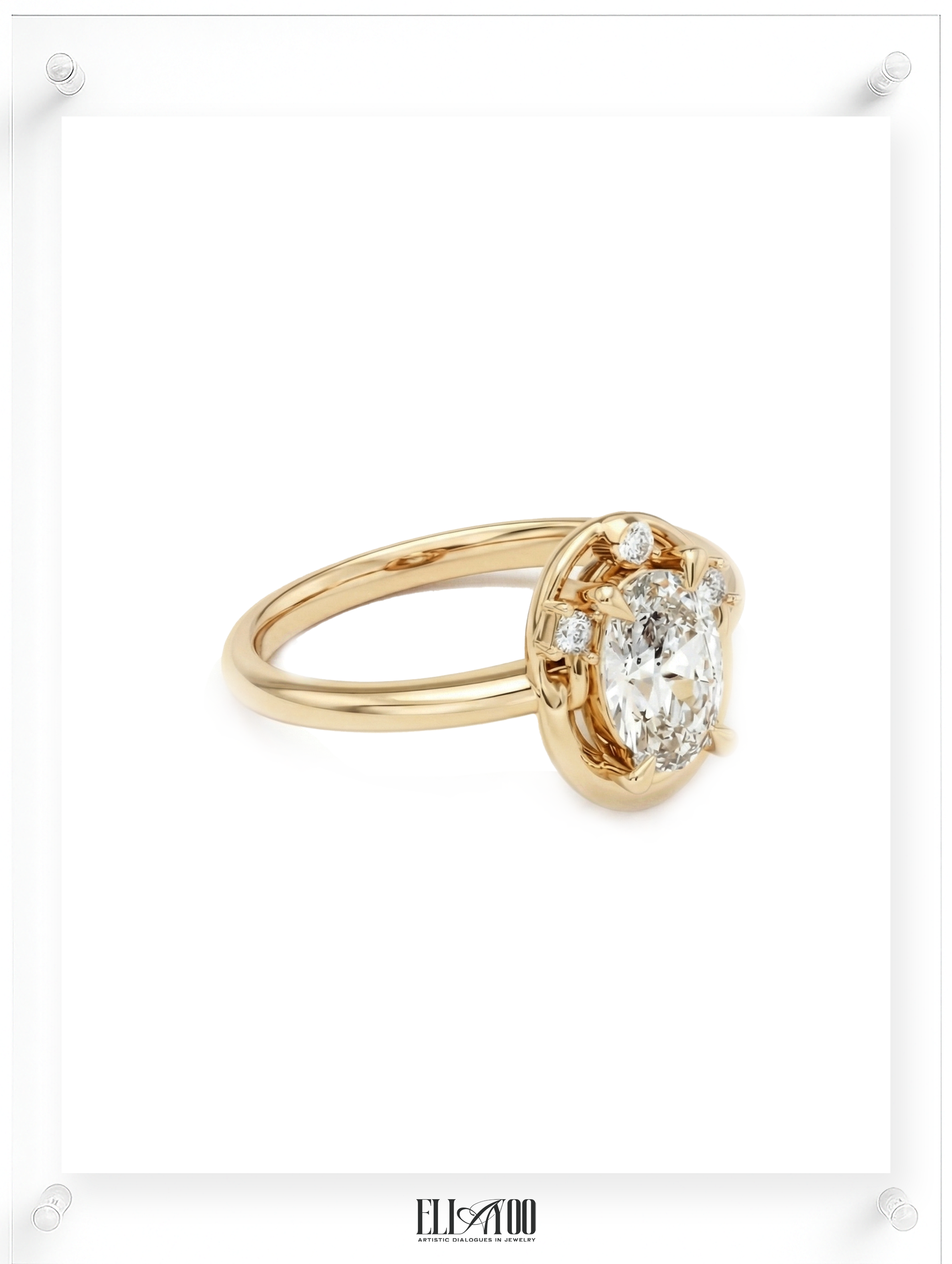 Side shot of 14k Wthie Gold Oval cut Diamond Ring with guard stone detail
