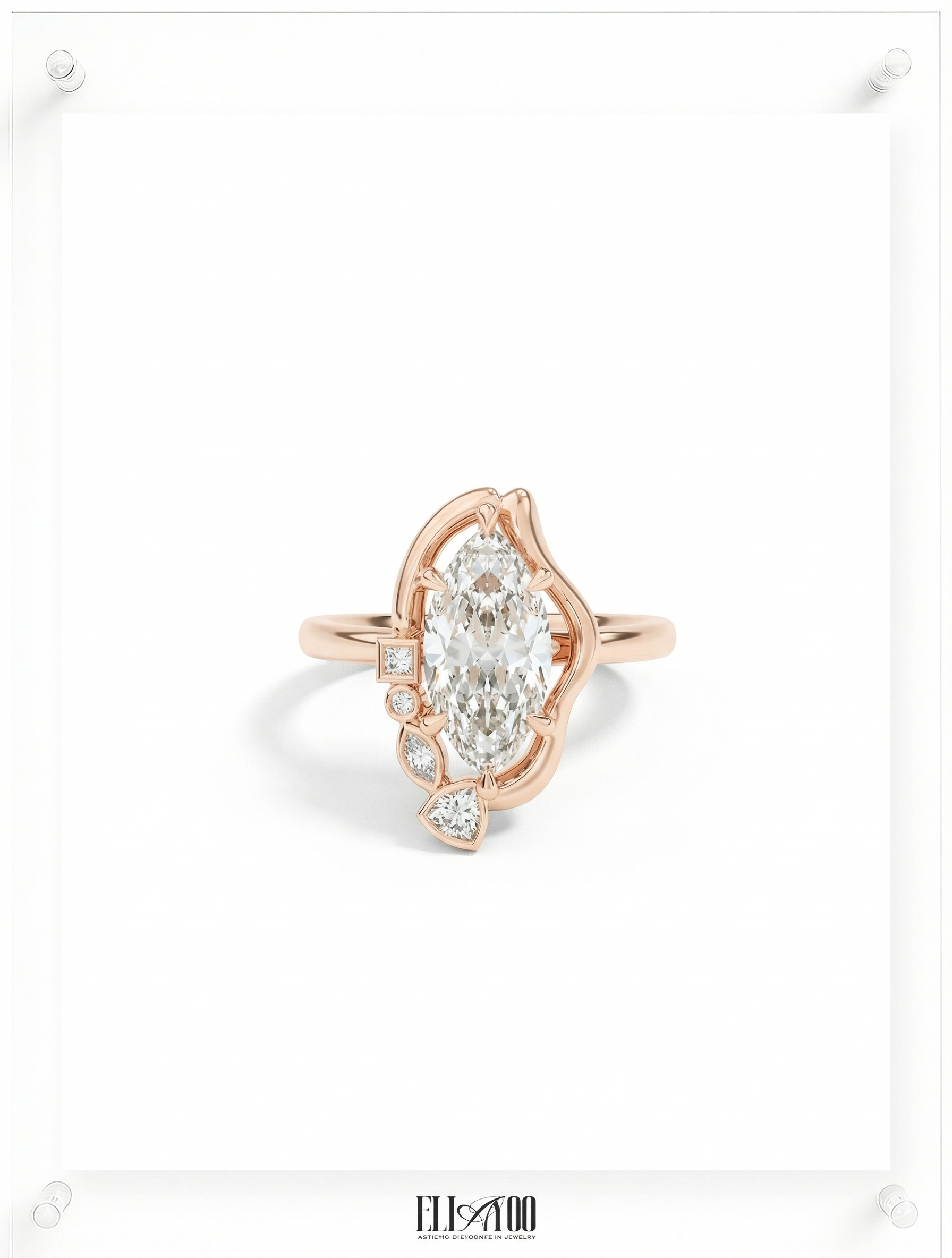 Front shot of 14k Rose Gold Marquise cut Diamond Ring with organic shape