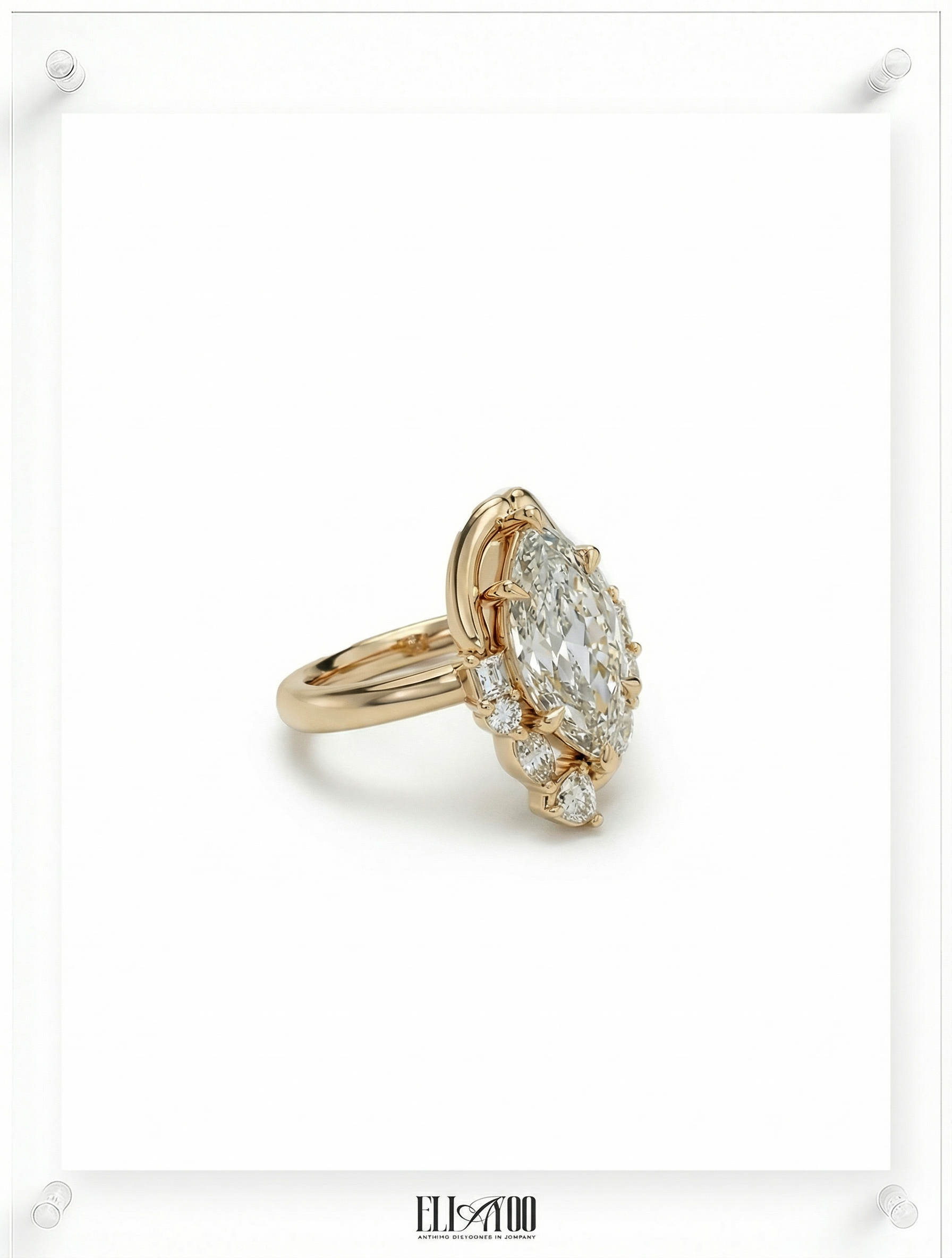 Side shot of 14k Yellow Gold Marquise cut Diamond Ring with organic shape